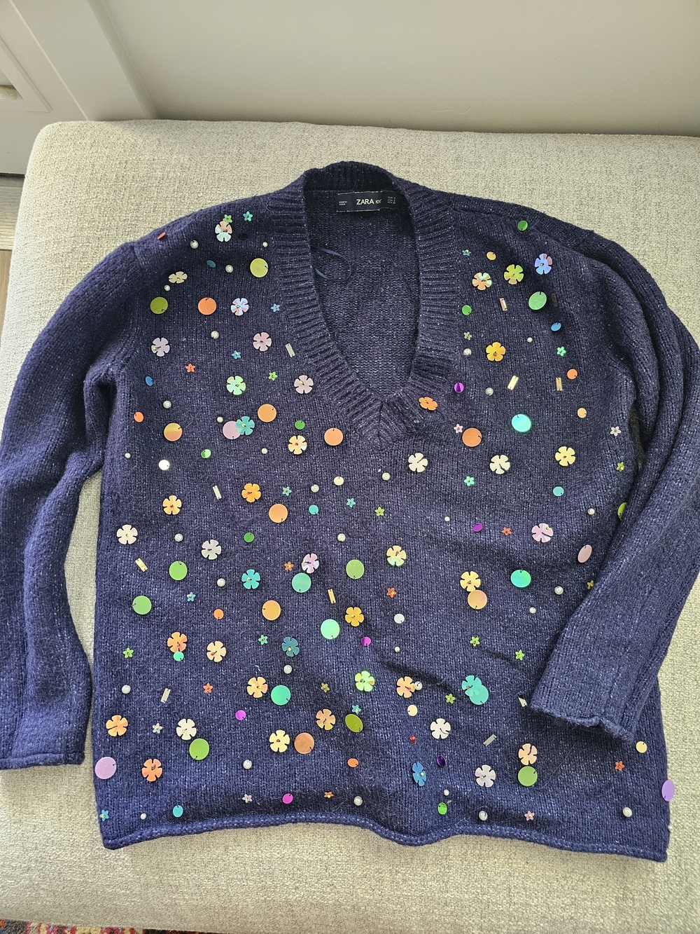 ZARA Navy V-Neck Sweater with Multicolor Sequin Details
